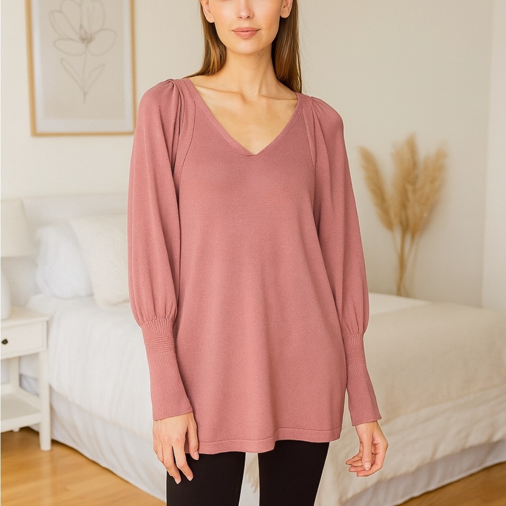 Apiece‎ Apart Mauve pink v neck sweater w/ puff sleeve corset top